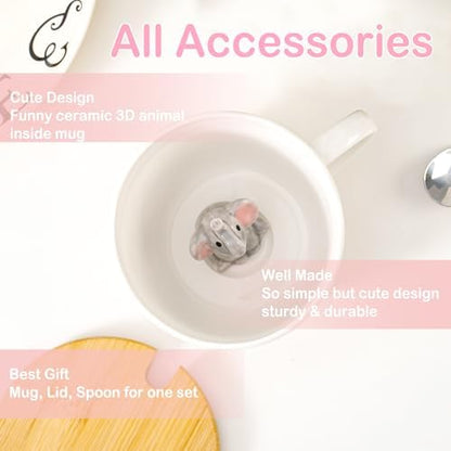 White Elephant Gifts for Women Cute Elephant Mug with 3D elephant Inside Kawaii Ceramic Coffee Mug Tea Cup with Lid Spoon Friendship Birthday Christmas Gifts for Women Men Sisters Friend Coworkers