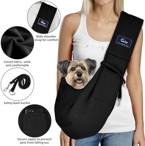CUBY Dog and Cat Sling Carrier - Hands Free Reversible Small Pet Sling Carrier Bag - Soft Pouch and Tote Design - Suitable for Puppy, Small Dogs Cats Outdoor Travel(Black Senior)