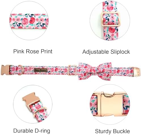 Dog Collar Pink Flowers Print Girl Cute Puppy Collar with Bow Adjustable Metal Buckle Collar Gift Collars for Large Dogs