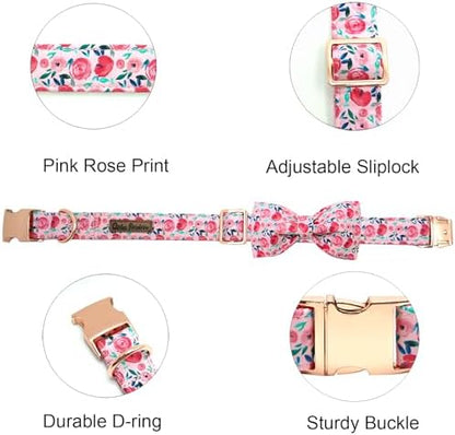 Dog Collar Pink Flowers Print Girl Cute Puppy Collar with Bow Adjustable Metal Buckle Collar Gift Collars for X-Large Dogs