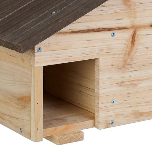 Relaxdays Hedgehog House, Wooden Protective Box, 2 Rooms, Hibernation Den, Winter Shelter, 24 x 46 x 33.5 cm, Natural