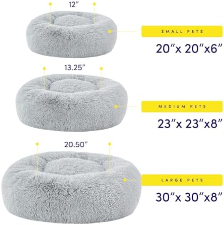 Dog & Cat Bed: Round Faux Fur Pet Bed - Plush, Cozy, & Calming Donut Bed for Large Pets - Soft & Comfortable Sleeping Cushion for Napping & Lounging, 30" Round, Silver