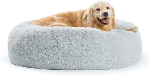 SAVFOX 36 inches Calming Donut Dog Bed - 3X Durable Plush Faux Fur, Machine Washable & Non-Slip, Fits up to 100 lbs, Light Grey