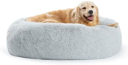 SAVFOX 36 inches Calming Donut Dog Bed - 3X Durable Plush Faux Fur, Machine Washable & Non-Slip, Fits up to 100 lbs, Light Grey