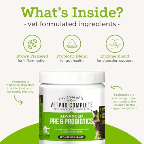 Dr. Joseph's VetPro Complete Advanced Pre & Probiotics Powder for Dogs, Meal Topper, 90 Scoops, Supports Gut Health, Diarrhea, Digestive Health & Allergies, Chicken/Pumpkin Flavor, 4 Billion CFUs
