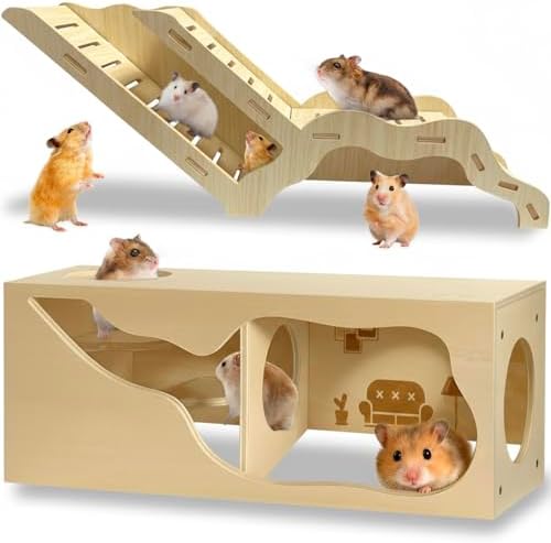 Hamster Hideout & Tunnel Set, 2Pcs Wooden House with Climbing Ladder, Exploration Tubes & Observation Shed for Syrian Hamsters, Dwarf Hamsters, Mice, Gerbils, Rats, and Other Small Animals