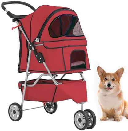 BestPet 3-Wheel Pet Stroller for Dogs & Cats - Folding Travel Carrier with Cup Holder & Removable Liner, Red