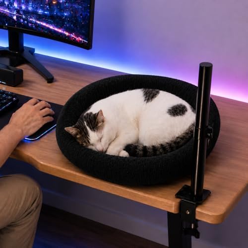L&W BROS. Cat Desk Bed, 20.5"x18.5" Foldable Clamp-On Desk Cat Hammock for Large Cats, 50lb Capacity Space-Saving Desk Cat Perch with Washable Plush Fleece Cover for Gaming & Office Desk