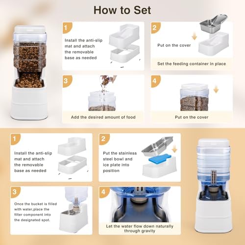 2 Pack Automatic Cat Feeder and Water Dispenser 1.3Gallon Dog Gravity Food Feeder and Water with Ice Pack Stainless Steel Dry Food and Waterer Bowl for Small Medium Large Pets (White)