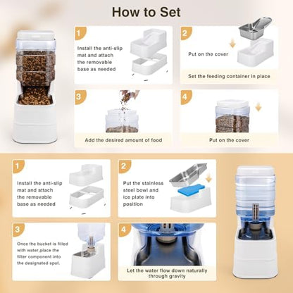 2 Pack Automatic Cat Feeder and Water Dispenser 1.3Gallon Dog Gravity Food Feeder and Water with Ice Pack Stainless Steel Dry Food and Waterer Bowl for Small Medium Large Pets (White)