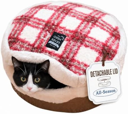 Cat Bed Cave - Enclosed Hideaway with Detachable Lid & Mat for Kitten (Redwhite)