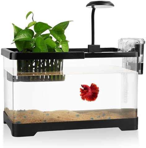 1.8 Gallon Beta Fish Tank Aquariums Kits - Clear Small Fish Bowl Starter Kit with LED Light, Water Filter Pump, Hydroponic Basket - Beginner's Gift for Guppy Shrimp Goldfish, Rectangular
