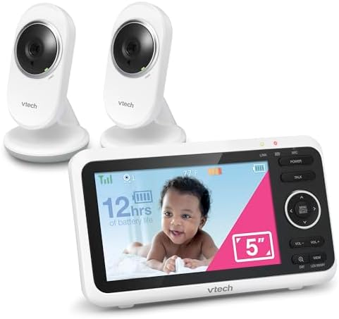 VTech Baby Monitor with 2 Cameras No WiFi & 5" Screen – Split-Screen, Patrol Mode, Night Vision, Two-Way Talk, Temperature Sensor, Lullabies, 1000ft Range | VM350-2