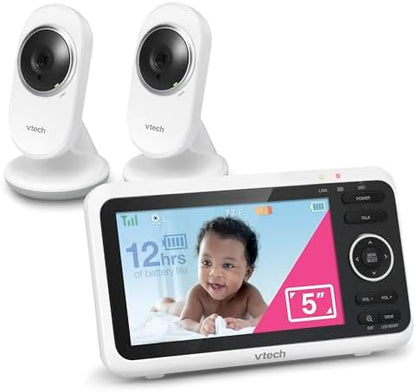 VTech Baby Monitor with 2 Cameras No WiFi & 5" Screen – Split-Screen, Patrol Mode, Night Vision, Two-Way Talk, Temperature Sensor, Lullabies, 1000ft Range | VM350-2
