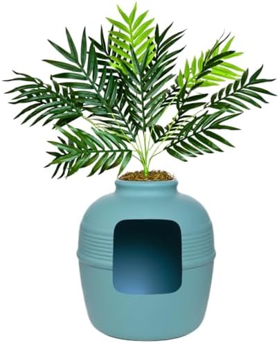 Good Pet Stuff Original Hidden Litter Box Planter, Decorative Cat Litter Enclosure with Carbon Filter, Artificial Palm Plant, Upgraded Design, Easy to Clean, Base Kit, Caribbean Blue