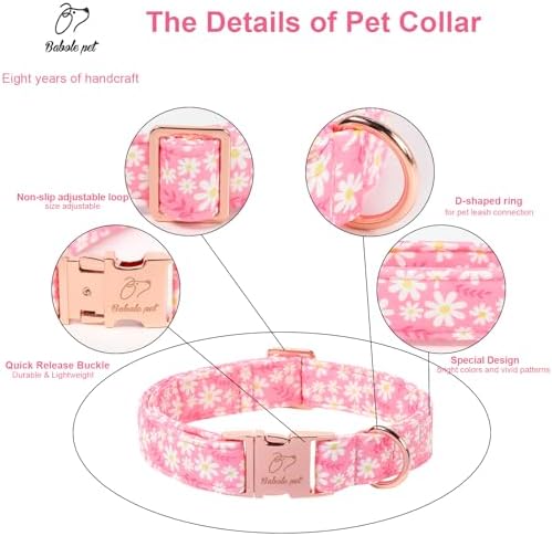 Dainty Daisy Dog Collar, Spring/Summer Pink Floral Girl Dog Collars, Adjustable Heavy Duty Cottagecore Female Dogs Collar for Small Medium Large Dogs with Metal Buckle L