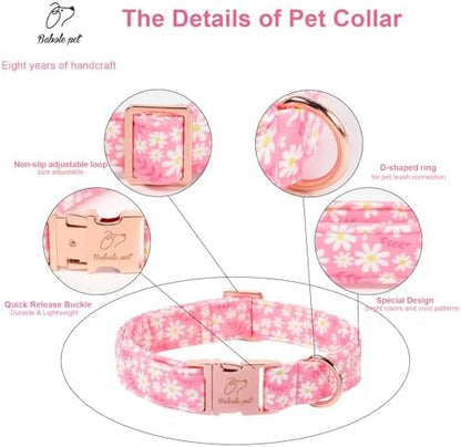 Dainty Daisy Dog Collar, Spring/Summer Pink Floral Girl Dog Collars, Adjustable Heavy Duty Cottagecore Female Dogs Collar for Small Medium Large Dogs with Metal Buckle M