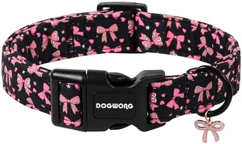 DOGWONG Pink Dog Collar, Comfortable Adjustable Black Pink Bow Girl Female Dog Collar with Plastic Buckle for Large Dogs, Neck 16.5-26 inches