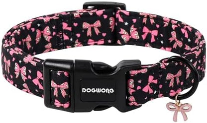 DOGWONG Pink Dog Collar, Comfortable Adjustable Black Pink Bow Girl Female Dog Collar with Plastic Buckle for Large Dogs, Neck 16.5-26 inches