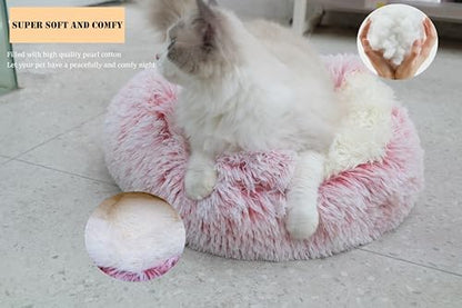 ZaneSun Calming Dog Bed & Cat Cave with Hooded Cover, Plush Fluffy Anti-Anxiety Cat Bed, Waterproof Bottom Washable (Pink, 25.6X25.6inch)
