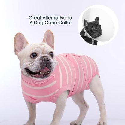 Kuoser Dog Surgery Recovery Suit, Soft Breathable Dog Recovery Suit for Female Spay Male Nueuter, Anti Licking Puppy Onesie Pet Surgical Suit for Dogs Abdominal Wounds Skin Disease, Pink Strips L