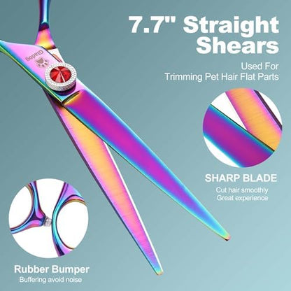 GLADOG Pro Rainbow 7 Inch Professional Pet Grooming Scissors Kit, 6-in-1 Dog Scissors, Titanium Coated, Stainless Steel, Right Handed, 5 Count