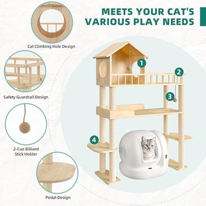 Wood Cat Tower for Automatic Litter Box, 4 Tier Cat Tree, 60 Inch