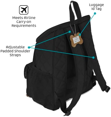 Mobile Dog Gear: Weekender Backpack - Black - Quilted Pet Travel Bag Holds Dog Accessories, Food Carriers, Silicone Bowls, Built-In Feeding Placemat