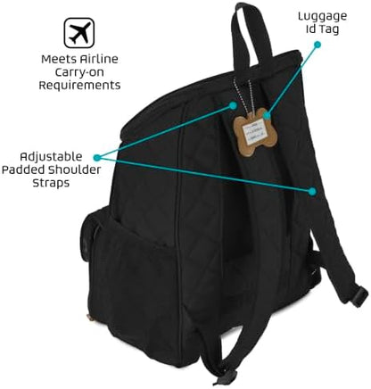 Mobile Dog Gear: Weekender Backpack - Black - Quilted Pet Travel Bag Holds Dog Accessories, Food Carriers, Silicone Bowls, Built-In Feeding Placemat