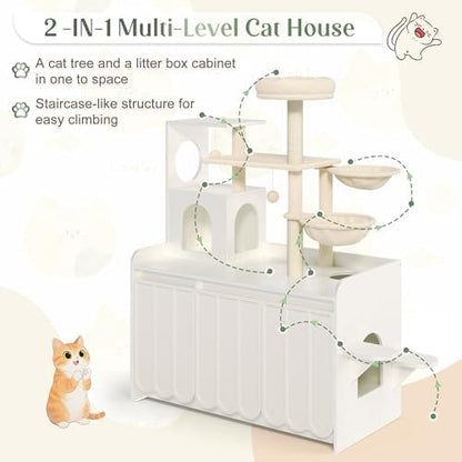 Cat Tree with Litter Box Enclosure, 50.6" Cat Tower & Condo, White