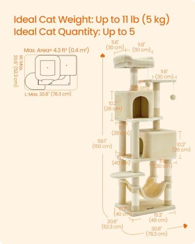 Feandrea Cat Tree, 59.5-Inch Tall Cat Tower, Multi-Level Condo, Beige