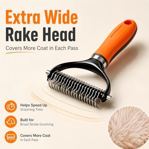 Double Sided Pet Grooming Rake, Extra Wide Deshedding Brush for Dogs Cats, Professional Long Hair Pet Shedding Comb Effectively Reduces Loose Hair (orange color)