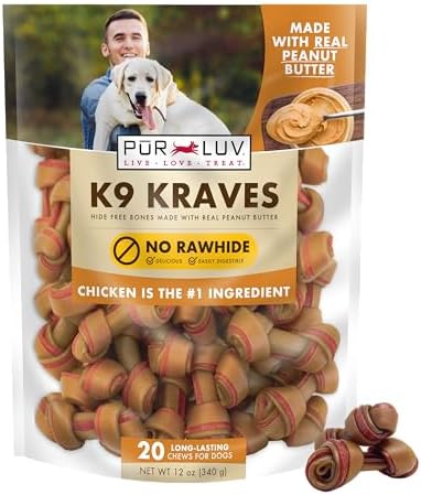 Pur Luv Dog Treats, K9 Kraves Rawhide Free Bone Dog Treat, Peanut Butter Flavor, Made with Real Peanut Butter and Chicken, 20 Count, Healthy, Easily Digestible, Long-Lasting, High Protein