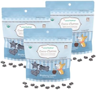 CocoTherapy Blueberry Cobbler Coco-Charms Dog Training Treats, 5 Ounces, Organic, Made in The USA (3 Pack)