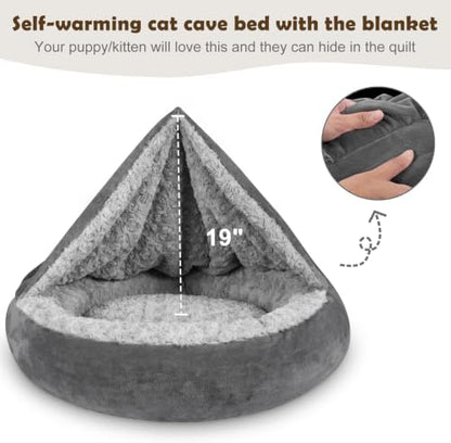 JOEJOY Small Dog Bed Cat Bed with Hooded Blanket, Cozy Cuddler Luxury Puppy Pet Bed, Donut Round Calming Anti-Anxiety Dog Burrow Cave Bed - Anti-Slip Bottom and Machine Washable 26 inch