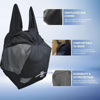 Harrison Howard UV-Proof Multi-Function Fabrics Thick Fleece Padding Horse Fly Mask Half Face with Ears Black Warmblood Extra Large
