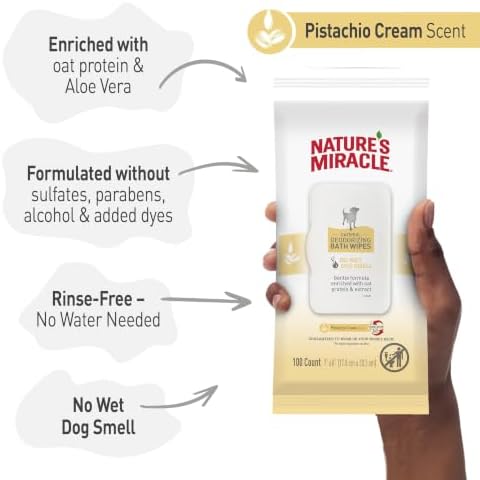 Nature’s Miracle Oatmeal Deodorizing Bath Wipes, 100 Count, Tub-Free Bath Wipes for Dogs Deodorize, Freshen and Condition Coat, Soothing Wipes Help Reduce Itching, with Oat Protein and Aloe Vera