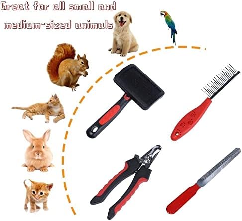 Rabbit Professional Nail Clippers Grooming Kit with Pet Shedding Slicker Brush, Pet Grooming Comb, Nail Clipper Trimmer for Rabbit, Puppy, Kitten, Guinea Pig, Hamster, Ferret (4PCS)