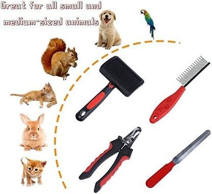 Rabbit Professional Nail Clippers Grooming Kit with Pet Shedding Slicker Brush, Pet Grooming Comb, Nail Clipper Trimmer for Rabbit, Puppy, Kitten, Guinea Pig, Hamster, Ferret (4PCS)