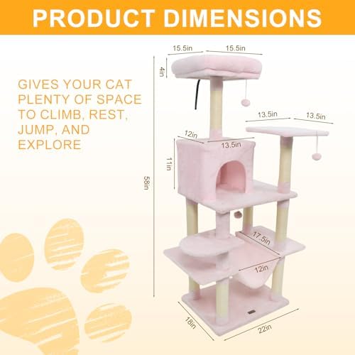 DORTALA Cat Tree for Indoor Cats, 58" Tall Cat Tower with Top Perch, Condo, Hammock, Sisal Scratching Posts, 3 Dangling Balls, Platforms, Multi-Level Pet Climbing Furniture Playground (Pink)