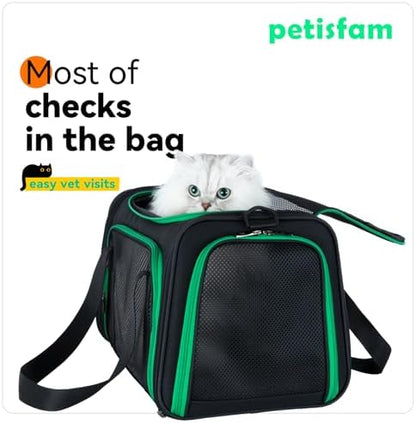 Quick-in Pet Carrier Bag for Cats & Dogs. Airy Mesh Windows Let Fur-Kids See You Reduce Anxiety & Breath Easy. Rip-Stop Fabric & Lockable Zips Hug Securely. Washable Comfy Pad. Collapsible