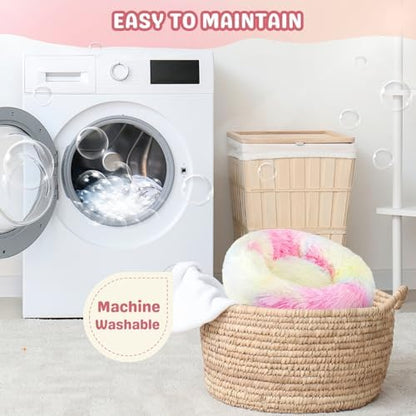 Rabbit Bed, Long Plush Donut Shaped Washable Bunny Hideout Soft Pet Bedding Mat for Guinea Pig, Kitten, Chihuahua & Small Pets for Snuggling Resting - Rainbow