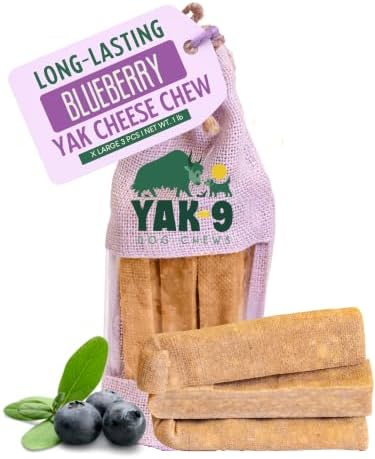 Yak9 Himalayan Blueberry Yak Cheese Chews | High Protein, Rawhide Free, Long Lasting Treats - Non GMO, Gluten Free, Grain Free Yak Milk Dog Chew | Extra Large 6oz (for Breeds 50-75 LBS), 3 PC