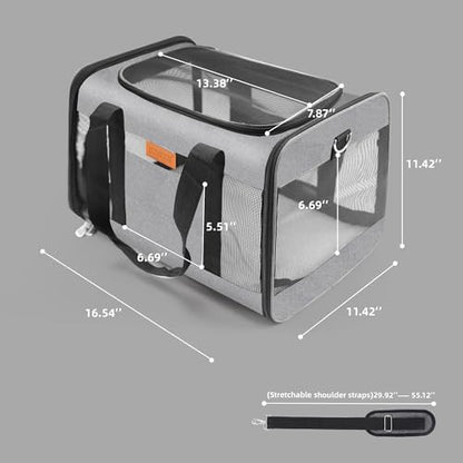 YUNIQUE Soft-Sided Cat & Dog Carrier for Pets Up to 15 Lbs, Airline Approved Collapsible Travel Puppy Carrier with Lightweight Fabric Design (Grey)