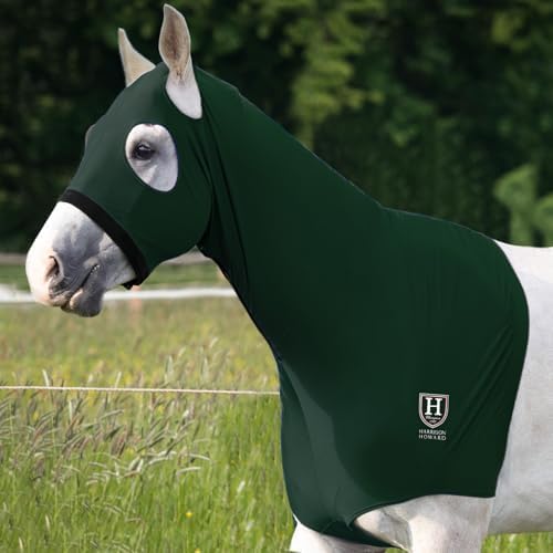 Harrison Howard Stretch Hood No Eye/Ear Covers Head, Shoulders, Mane, Chest, Withers Perfect for Show/Event Preparation-Hunter Green M