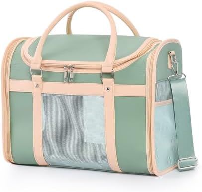 Luxury Mint Green PU Leather Pet Carrier Bag, Airline Compliant Portable Travel Crate with Breathable Mesh Panels & Shoulder Strap for Cats Small Dogs Travel & Vet Use