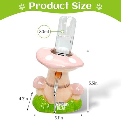 BNOSDM Hamster Water Bottle No Drip Ceramic Hamster Water Bottle for Glass Tank - 80ML Water Dispenser with Mushroom Stand Holder for Syrian Hamsters, Dwarf Hamsters, Mice, Gerbils (Pink)