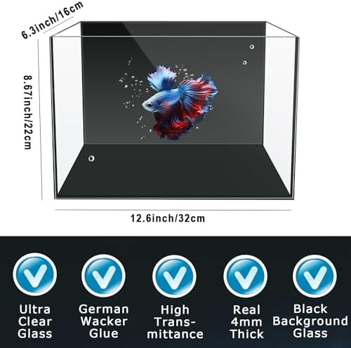 3 Gallon 12.6” L Fish Nano Glass Aquarium, with Separator Plate for Betta, Multi-Functional Square Fish Tank with Filter, LED Light, Black 4mm Glass