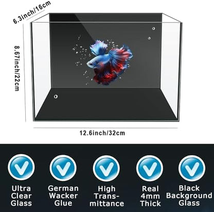 3 Gallon 12.6” L Fish Nano Glass Aquarium, with Separator Plate for Betta, Multi-Functional Square Fish Tank with Filter, LED Light, Black 4mm Glass