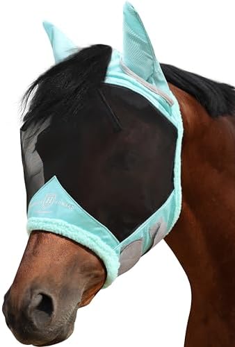 Harrison Howard Horse Fly Mask UV Protective Fine Mesh with Extra Wool Soft Touch on Skin Fly and UV Protection Summer Mint-Black M